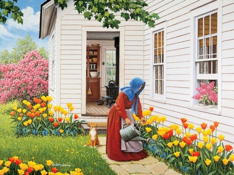 Woman Watering Flowers