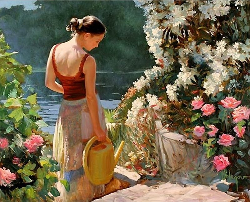 Woman Watering Flowers — Yellow