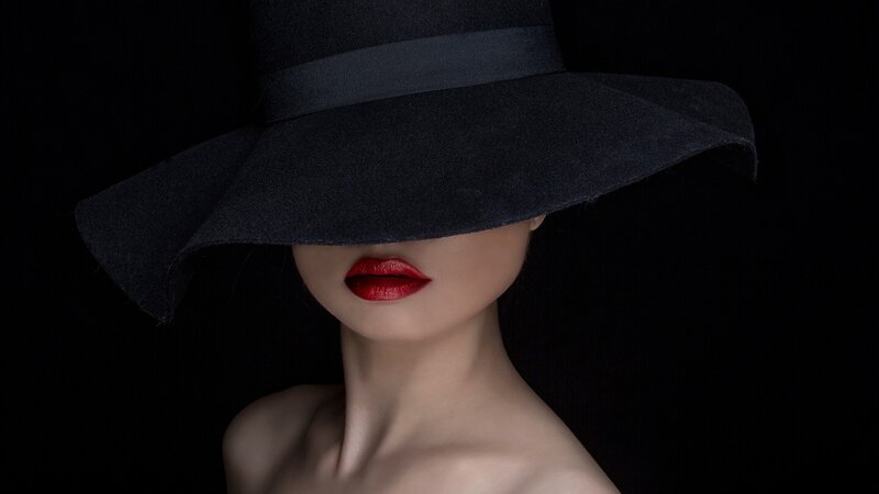 Woman Wearing Black Hat — Dramatic, Photograph, Lips, Neck