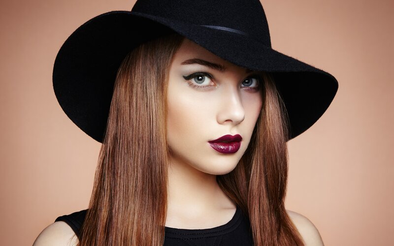 Woman Wearing Black Hat — Dramatic, Photograph, Lipstick, Long Hair