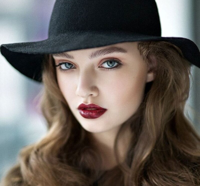 Woman Wearing Black Hat — Dramatic, Photograph, Red Lipstick, Blue Eyes