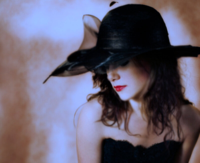 Woman Wearing Black Hat — Dramatic, Photograph, Red Lipstick