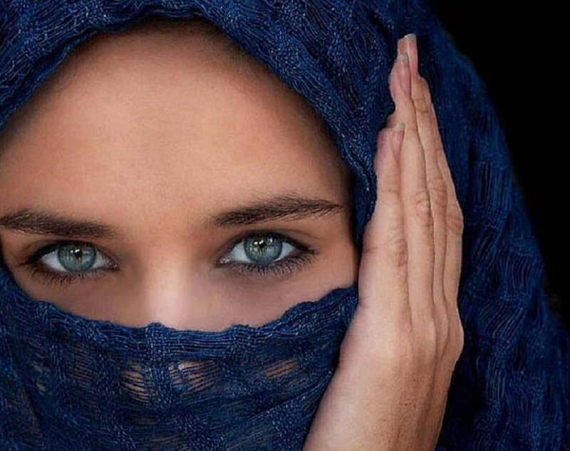 Woman Wearing Blue Headscarf — Dramatic, Photograph, Eyes, Hand