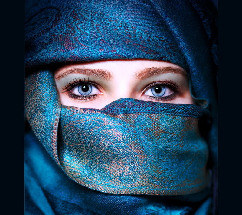 Woman Wearing Blue Headscarf — Dramatic, Photograph