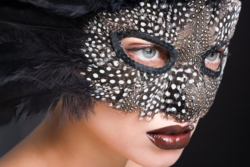 Woman Wearing Feather Mask — Black, Dramatic, Photograph