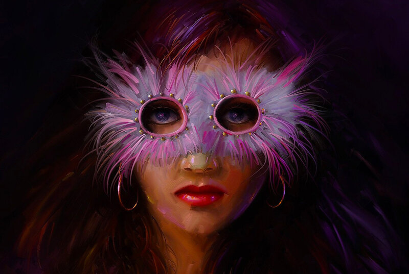 Woman Wearing Feather Mask — Purple, Dramatic