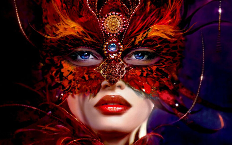 Woman Wearing Feather Mask — Red