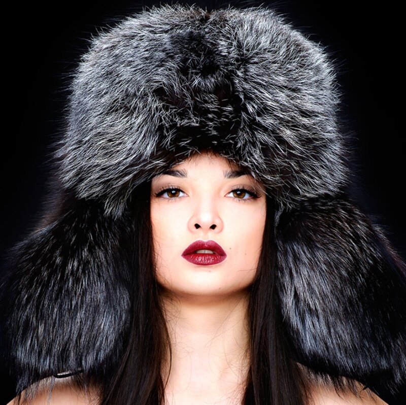Woman Wearing Fur Hat — Black, Dramatic