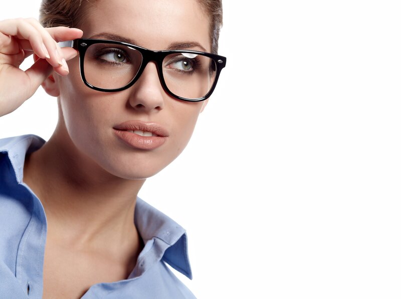 Woman Wearing Glasses — White, Neutral, Photograph, Blue Shirt, Black, Blue