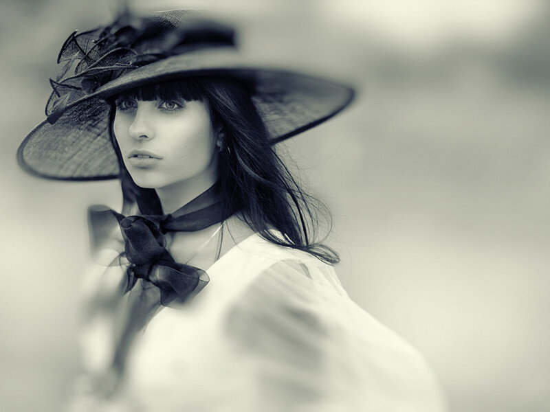 Woman Wearing Hat — Black, Dramatic, Photograph, Bow Tie