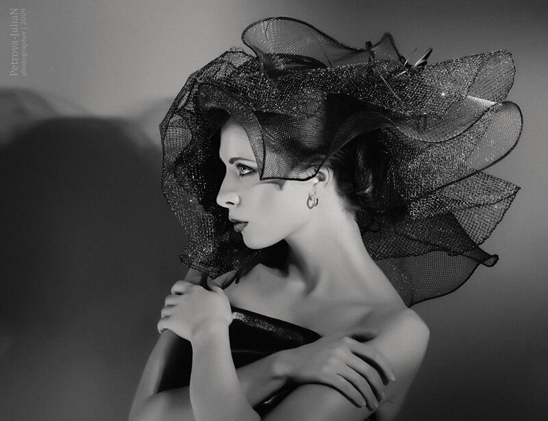 Woman Wearing Hat — Black, Dramatic, Photograph, Earring, Dress
