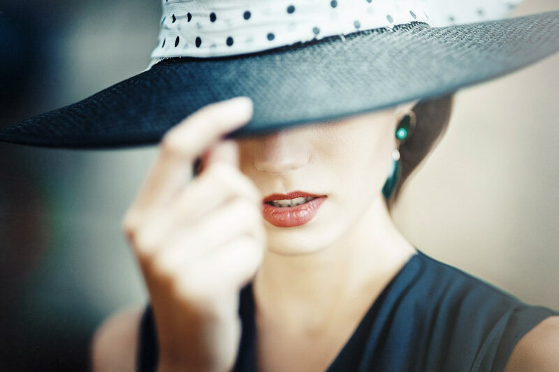 Woman Wearing Hat — Black, Dramatic, Photograph, Earrings, Lipstick