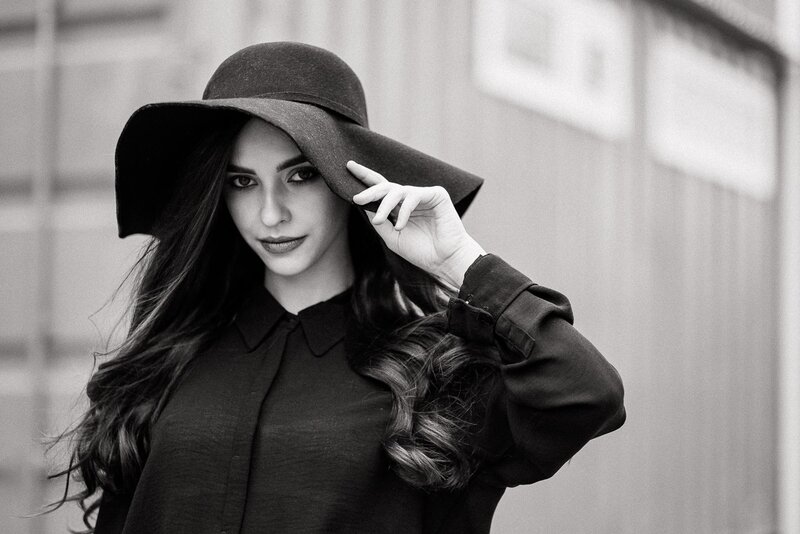 Woman Wearing Hat — Black, Dramatic, Photograph, Shirt
