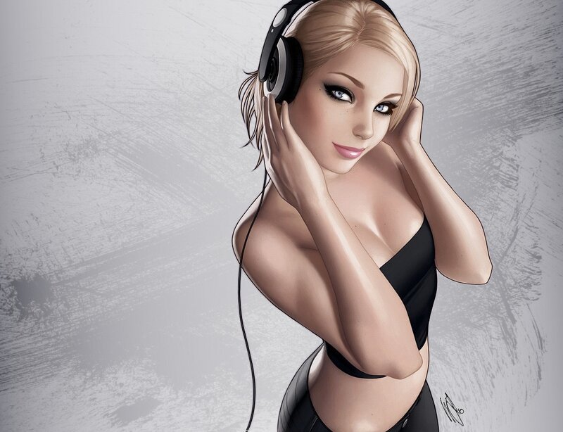 Woman Wearing Headphones — Black, Calm, Digital Art