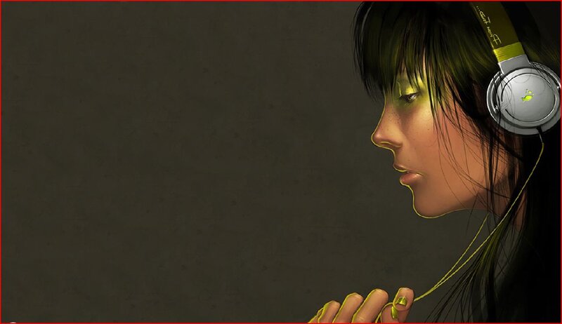 Woman Wearing Headphones — Black, Contemplative, Digital Art, Profile View