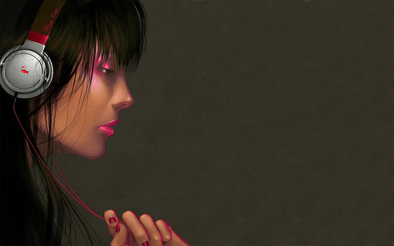 Woman Wearing Headphones — Black, Contemplative, Digital Art