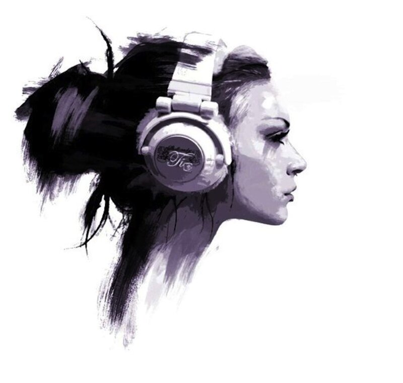 Woman Wearing Headphones — Black, Contemplative