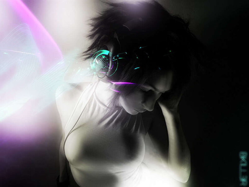 Woman Wearing Headphones — Black, Dramatic, Digital Art, Light Effects