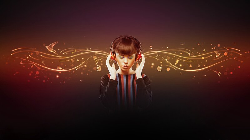 Woman Wearing Headphones — Black, Dramatic, Digital Art, Light Trails, Music Notes