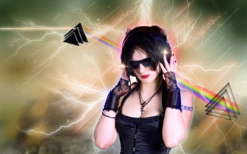 Woman Wearing Headphones — Black, Dramatic, Digital Art