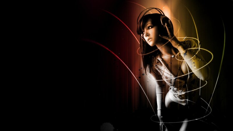 Woman Wearing Headphones — Black, Dramatic, Night, Digital Art, Light Streaks