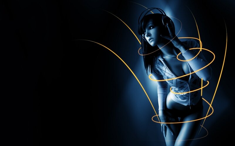 Woman Wearing Headphones — Black, Dramatic, Night, Digital Art, Light Trails, Blue Lighting