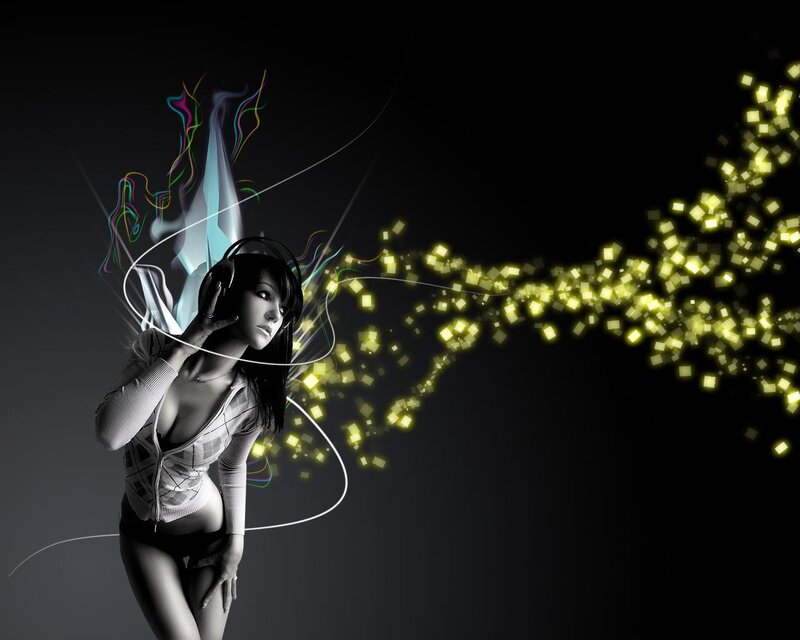Woman Wearing Headphones — Black, Dramatic, Night, Digital Art, Light Trails