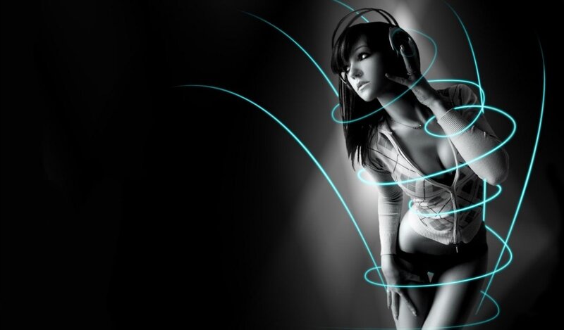 Woman Wearing Headphones — Black, Dramatic, Night