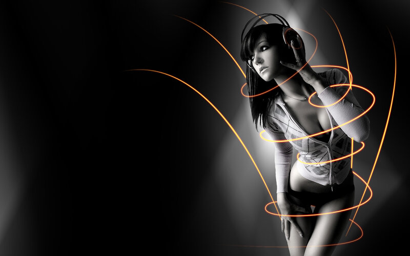 Woman Wearing Headphones — Black, Dramatic, Photograph, Light Trails, Black Background