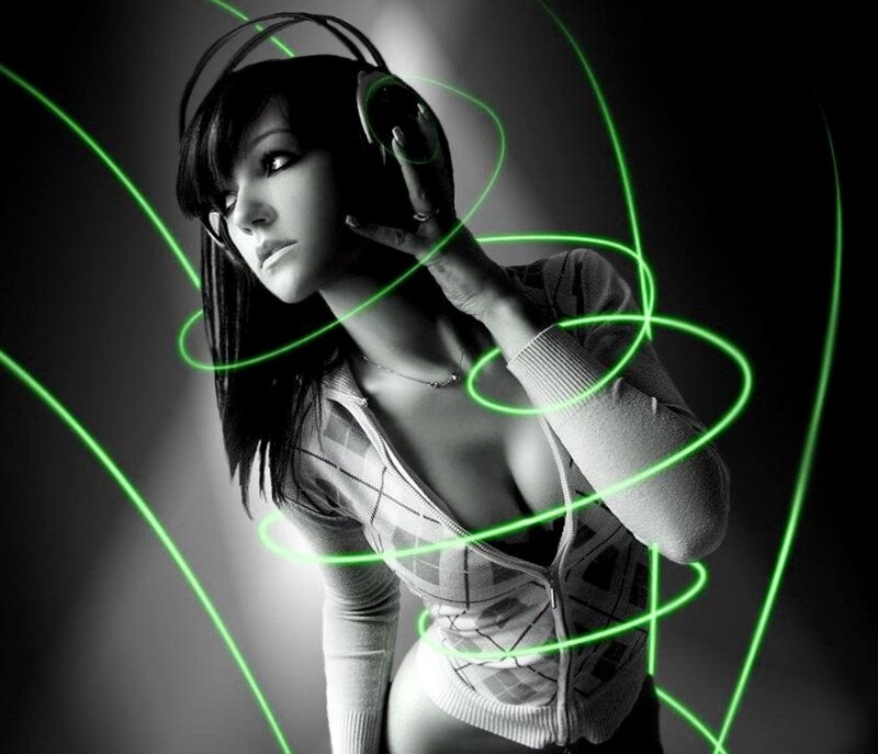 Woman Wearing Headphones — Black, Dramatic, Photograph, Light Trails
