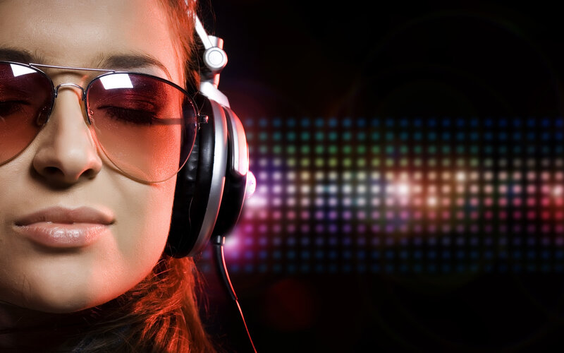 Woman Wearing Headphones — Black, Dramatic