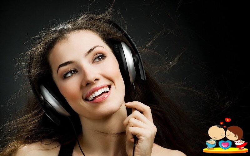 Woman Wearing Headphones — Black, Happy, Photograph, Cartoon Couple