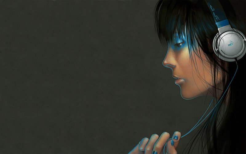 Woman Wearing Headphones — Blue, Contemplative