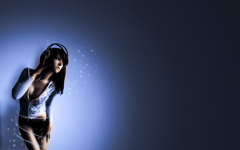 Woman Wearing Headphones — Blue, Dramatic, Digital Art, Light Effects