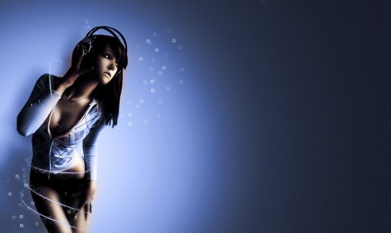 Woman Wearing Headphones — Blue, Dramatic, Digital Art