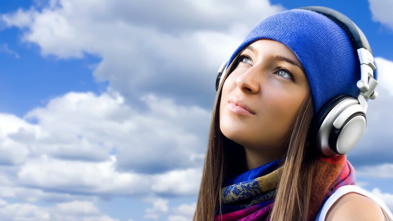 Woman Wearing Headphones — Blue, Photograph