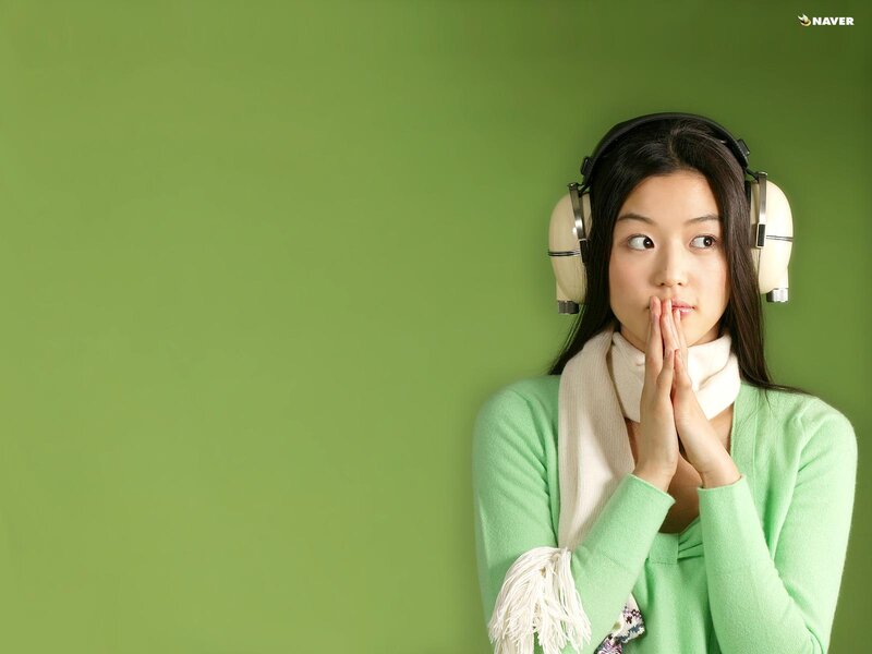Woman Wearing Headphones — Green, Calm, Photograph