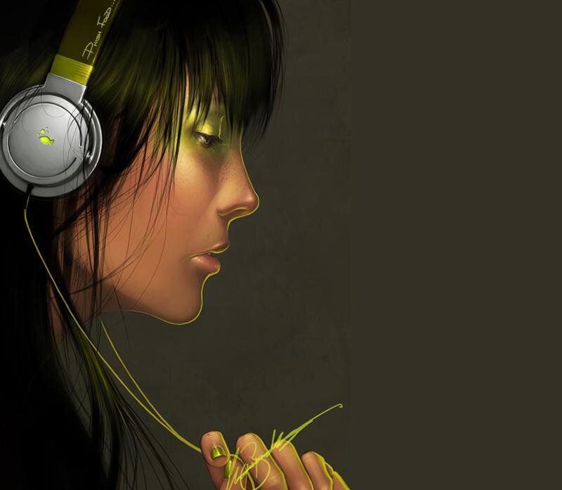 Woman Wearing Headphones — Green