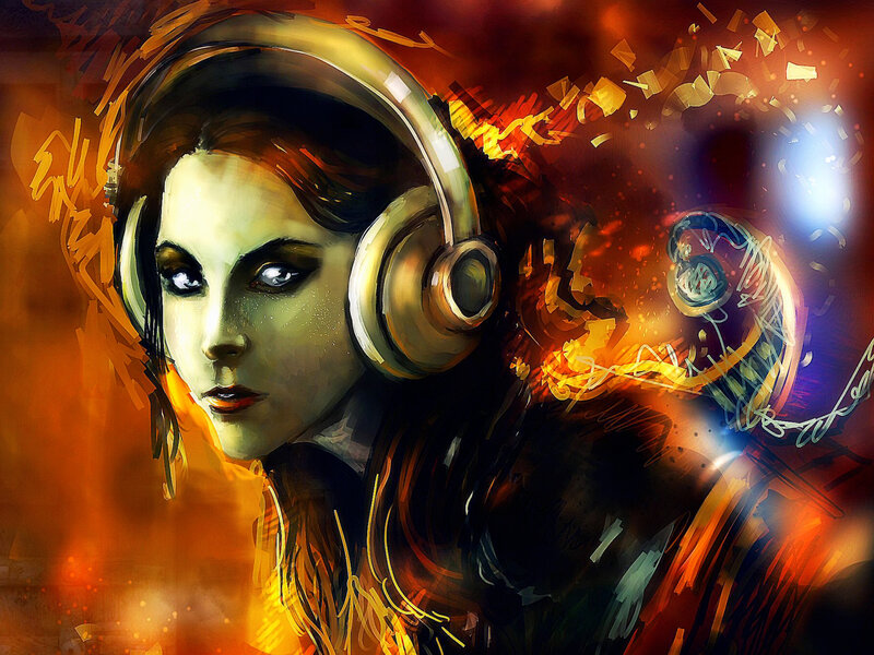 Woman Wearing Headphones — Orange