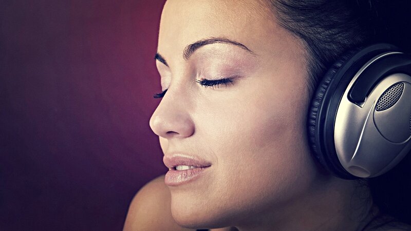 Woman Wearing Headphones — Purple, Serene