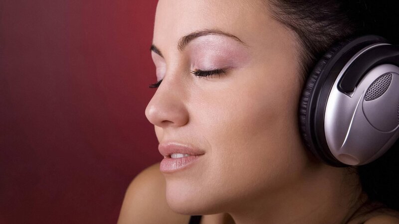 Woman Wearing Headphones — Red, Calm, Photograph, Makeup, Silver