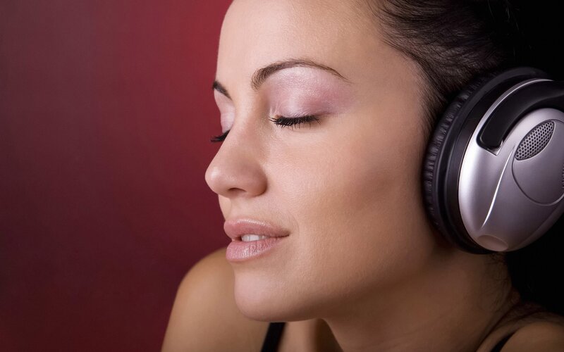 Woman Wearing Headphones — Red, Calm, Photograph, Makeup