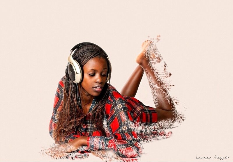 Woman Wearing Headphones — Red, Calm