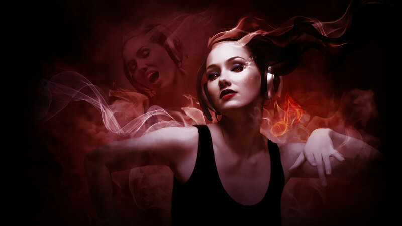 Woman Wearing Headphones — Red, Dramatic