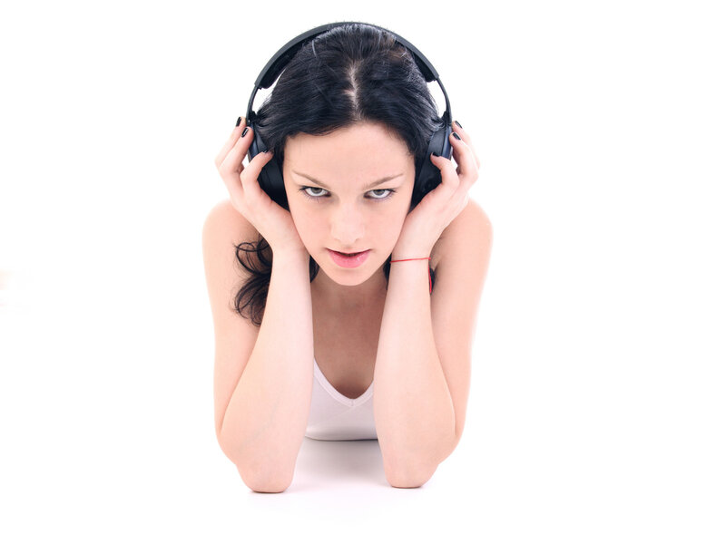Woman Wearing Headphones — White, Neutral, Photograph