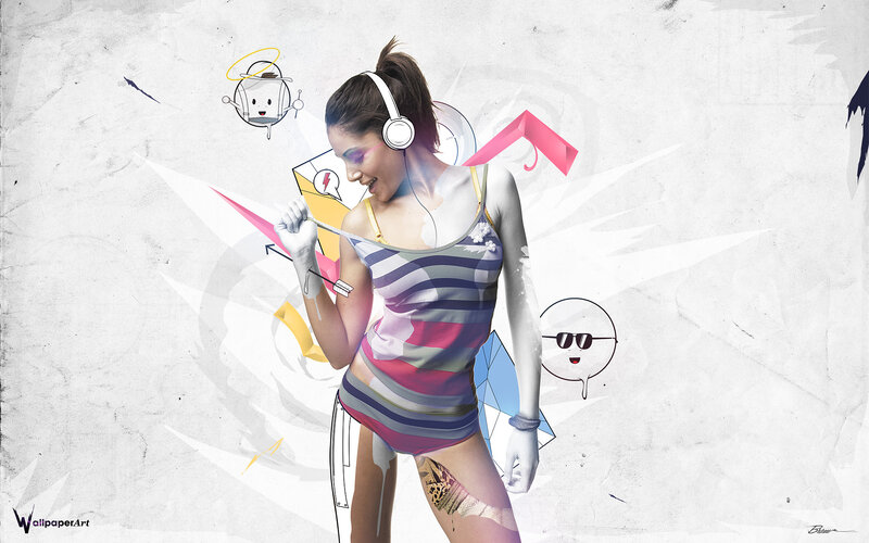 Woman Wearing Headphones — White, Playful, Digital Art