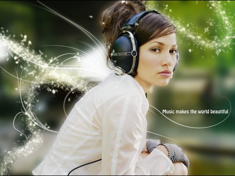 Woman Wearing Headphones — White, Serene, Photograph
