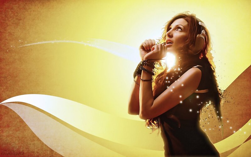 Woman Wearing Headphones — Yellow, Dramatic
