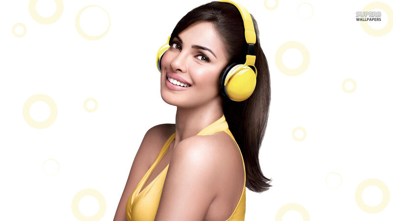 Woman Wearing Headphones — Yellow, Happy