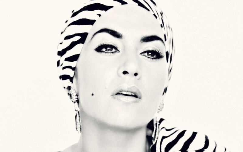 Woman Wearing Headscarf — Black, Dramatic, Photograph, Earrings, Makeup